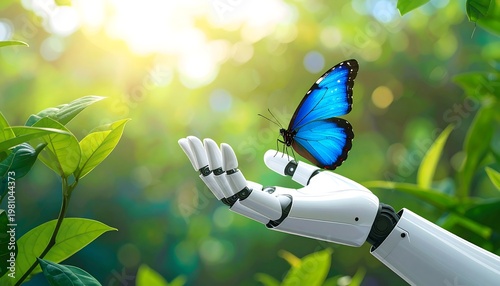 A robotic hand gently touches a vibrant blue butterfly