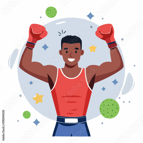 A jubilant boxer celebrating victory with raised fists and flexing muscles, symbolizing strength and triumphant achievement in sports