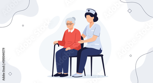 Nurse Caring for Elderly Woman with Cane, Home Healthcare Concept