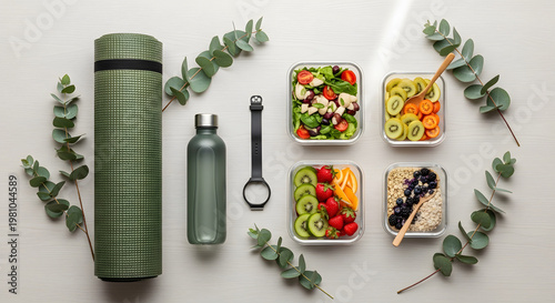 Overhead view of various healthy meal prep containers, reusable bottles, and a fitness tracker, surrounded by eucalyptus leaves on a light background.