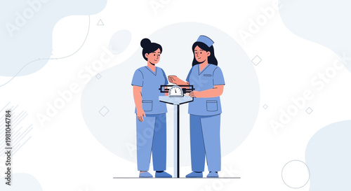 Nurse weighing patient on scale, medical checkup, healthcare concept