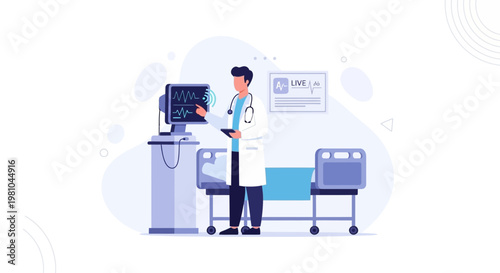 Doctor Examining Patient Data on Monitor in Hospital Room