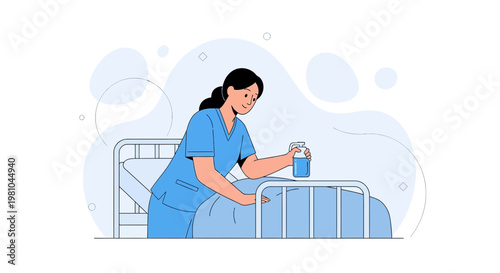 Nurse in blue uniform caring for patient in hospital bed with medicine bottle
