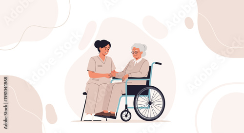 Nurse helping elderly woman in wheelchair, compassionate care, medical assistance, home healthcare