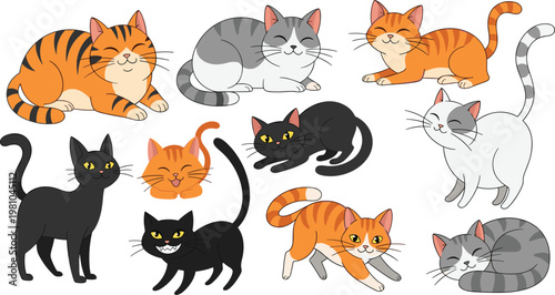 Foto Comprehensive Vector Set of Cute Cartoon Cats and Kittens Featuring Orange Tabby