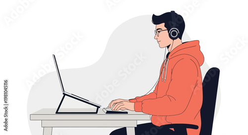 Young man with headphones working on laptop at desk, coding or studying