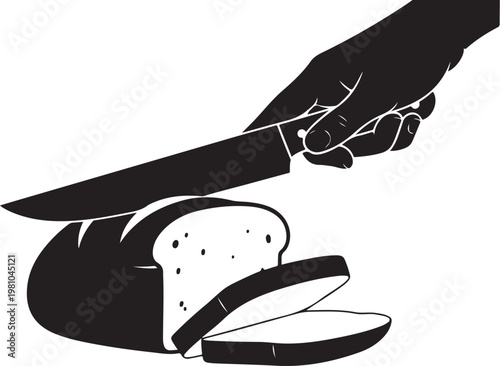 Hand cutting bread with knife slicing