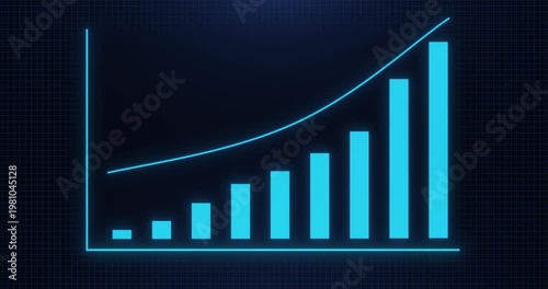 Rising bar chart with glowing line graph, seamless loop animation of business growth analytics, financial success concept, modern digital background