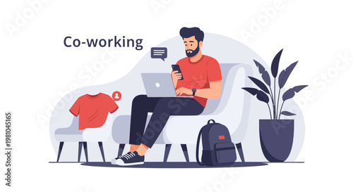 Man working on laptop and phone in a modern co-working space with plants