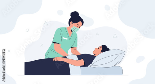 Nurse Caring for Patient in Bed: Medical Care, Health, and Support Illustration