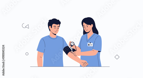 Nurse checking patient's blood pressure with sphygmomanometer, medical checkup illustration