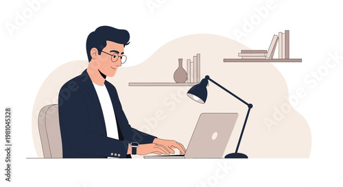 Man working on laptop at desk with lamp and books, modern office interior