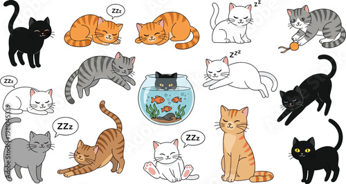 Comprehensive Vector Set of Cute Cartoon Cats in Diverse Poses Featuring Sleeping Kittens Stretching Cats and Fishbowl Interaction for Pet Care Branding Nursery Decor and Domestic Animal Illustrations