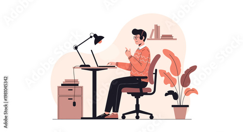 Man working on laptop at desk with lamp and plant, modern home office illustration