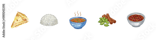 South Indian Cuisine and Traditional Thali Elements with Crayon Colorful Style and Fluid Crayon Pencil Texture