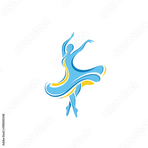 a blue and yellow silhouette of a dancer.