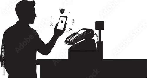 Man holding phone with lock symbol and near cash register