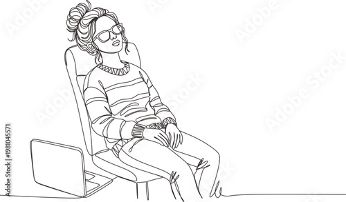 Girl sleeping on desk continuous one line drawing . Tired woman  freelancer leaning on table cartoon character.