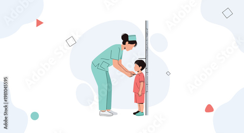 Pediatrician measuring child's height on a stadiometer, healthcare concept