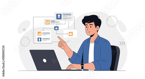 Man working on laptop with project management flowchart on screen