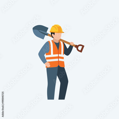 Construction worker with shovel and safety gear.