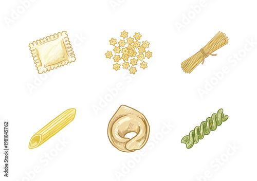 Italian Pasta Varieties and Traditional Flour Products with Inky Crayon Pencil Texture and Fluid Calligraphic Outlines