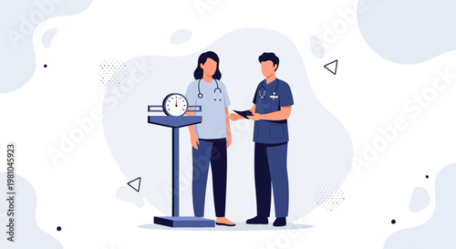 Medical Professionals Discussing Patient Weight on Scale