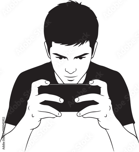 Man playing game on handheld console person young short hair