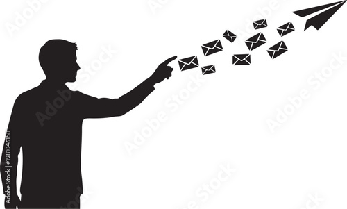 Man silhouette launching emails like paper airplanes