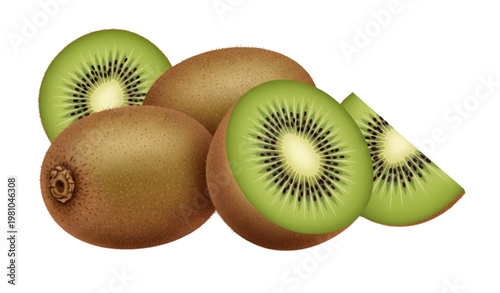 Detailed realistic kiwi fruits with slices and natural texture vector illustration for organic food branding and fresh produce concept