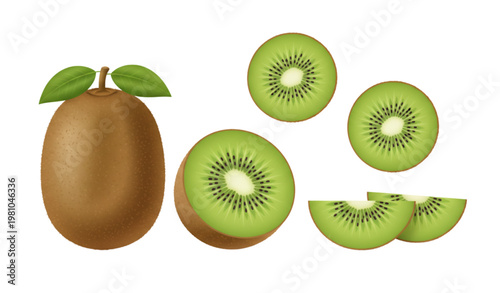 Flat kiwi fruit icon set with whole half and slices vector illustration isolated on white for modern healthy food design
