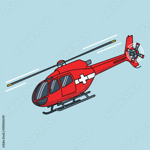 Red Emergency Rescue Helicopter in Flight Over Clear Sky