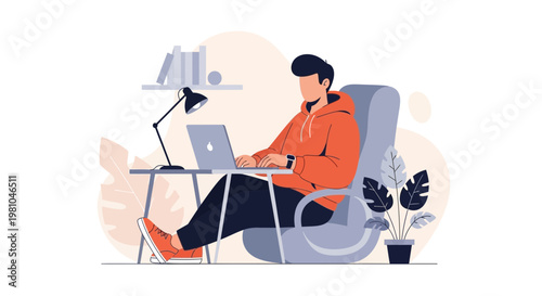 Man Working Remotely on Laptop in Comfortable Chair, Home Office Setup
