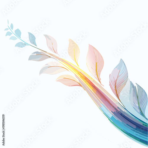 Graceful abstract design with flowing lines, delicate leaves, and a colorful, vibrant organic wave on white background