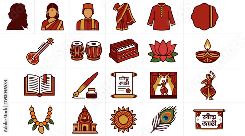 Celebrating Rabindra Jayanti with traditional Bengali culture vector icons depicting music, dance, literature, and festival elements.