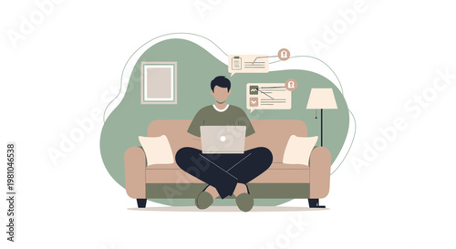 Man Working Remotely on Laptop on Sofa, Home Office Concept