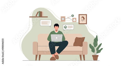 Man Working Remotely on Laptop While Relaxing on Sofa at Home