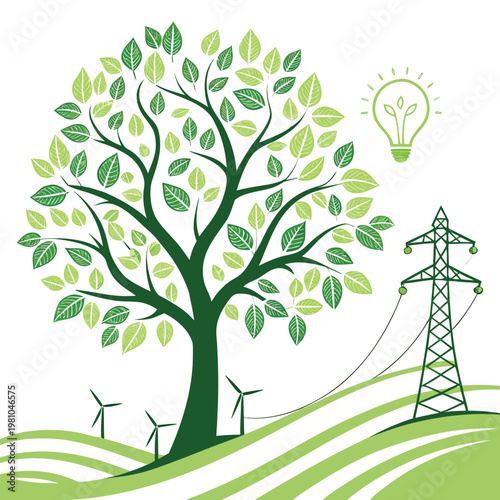 Green energy concept with tree wind turbines power lines, eco friendly