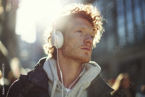 Young man with headphones listening music walking in sunny city street