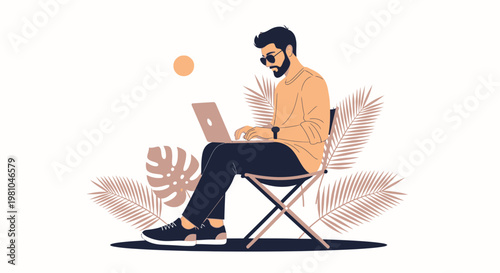 Man Working Remotely Outdoors with Laptop and Tropical Leaves