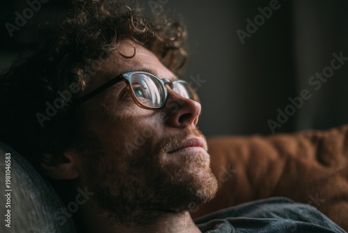 Thoughtful man with glasses relaxing on sofa in low light interior
