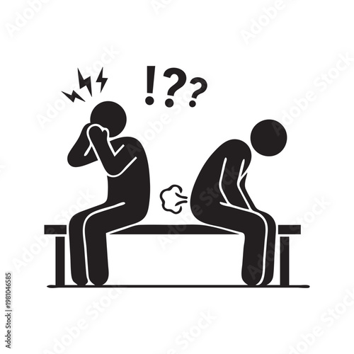 Stick figure icon of a person farting on a bench while another man reacts with disgust to the bad smell
