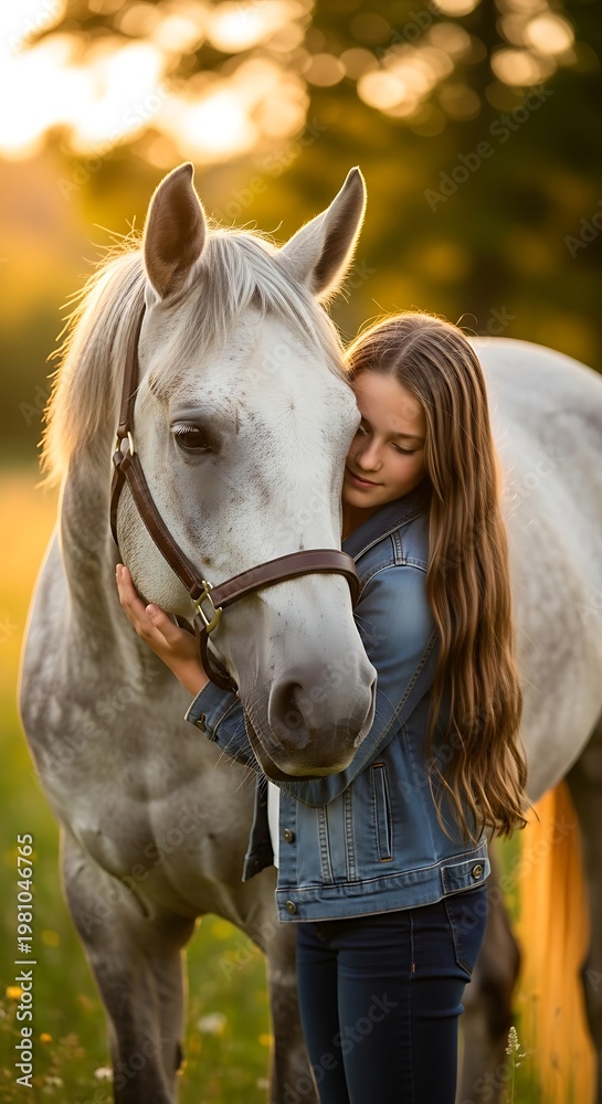 Fototapeta premium Girl Hugging Horse Sunset.