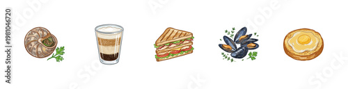 French Cuisine and Bistro Food Elements with Inky Pencil Texture and Crayon Colorful Style