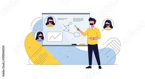 Online Education: Teacher Presenting Lesson on Whiteboard with Students in Virtual Meeting