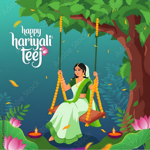 Woman in traditional indian clothing sitting on a decorated swing under a tree for hariyali teej celebration