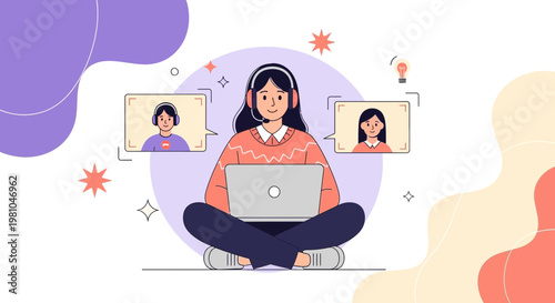 Online Meeting: Woman with Laptop and Headphones Connects with Colleagues via Video Call