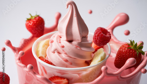 Pink strawberry soft serve ice cream in a cup with fruit splashes and fresh berries all around it