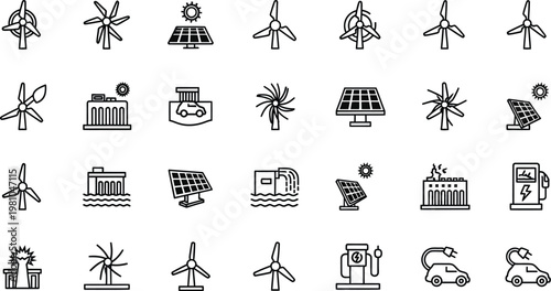 Windmills and solar panels illustrate renewable energy solutions in a comprehensive set of clean technology icons.