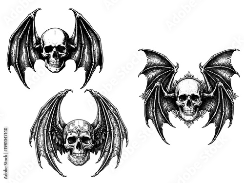 Bat Wings Skull Engraving Art